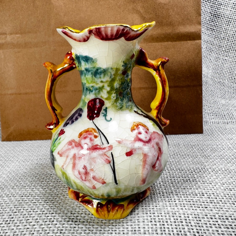 Vintage Japan Cherub Vase Crackle Glaze Double Handle Putti‎ Cottage Decor 4.5"